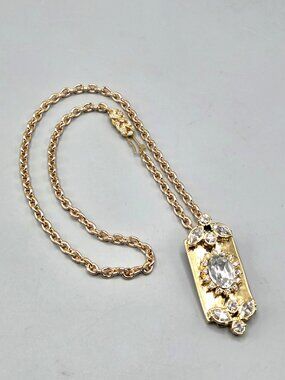 MAWI London Statement Necklace 17" Gold Tone Rectangle Crystal Pendant